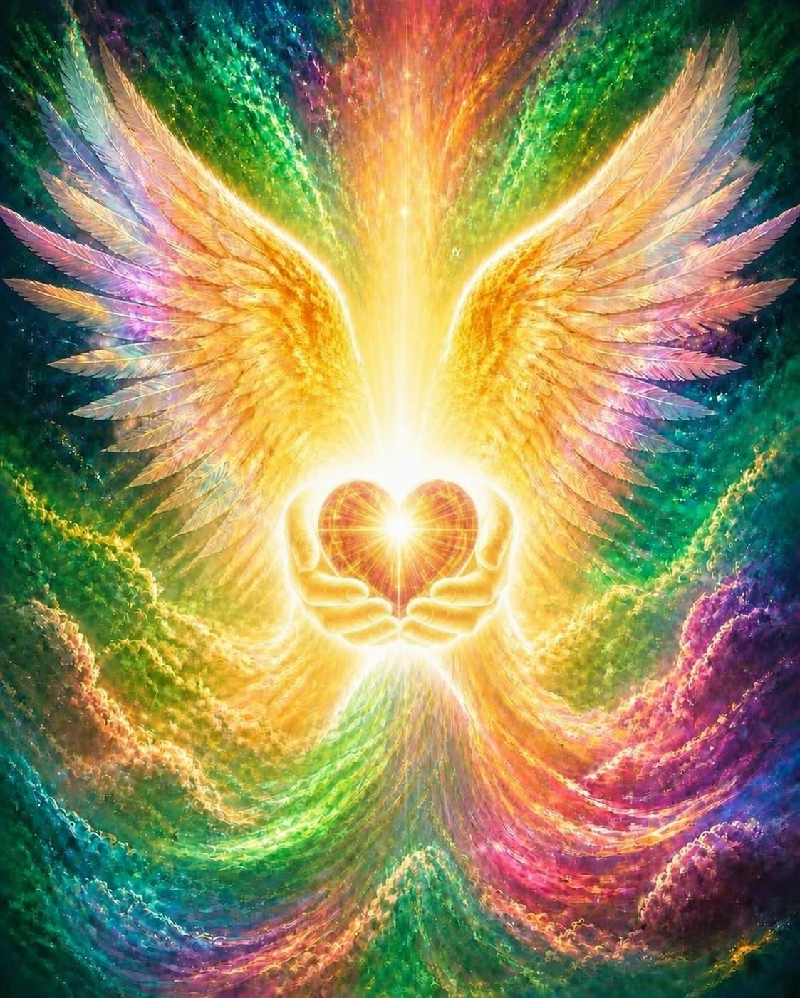 Colorful angel wings surrounding a glowing heart held in two hands